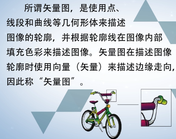计算机生成了可选文字: 所 谓 矢 量 图 ， 是 使 用 点 、  线 段 和 曲 线 等 几 何 形 体 来 描 述  图 像 的 轮 廓 ， 并 根 据 轮 廓 线 在 图 像 内 部  填 充 色 彩 来 描 述 图 像 。 矢 量 图 在 描 述 图 像  轮 廓 时 使 用 向 量 （ 矢 量 ） 来 描 述 边 缘 走 向 ，  因 此 称 ' 矢 量 图 " 