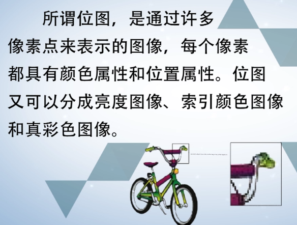 计算机生成了可选文字: 所 谓 位 图 ， 是 通 过 许 多  像 素 点 来 表 示 的 图 像 ， 每 个 像 素  都 具 有 颜 色 属 性 和 位 置 属 性 。 位 图  又 可 以 分 成 亮 度 图 像 、 索 引 颜 色 图 像  和 真 彩 色 图 像 。 