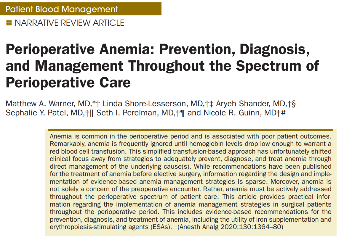 Perioperative Anemia: Prevention, Diagnosis, and Management Throughout the Spectrum of Perioperative Care